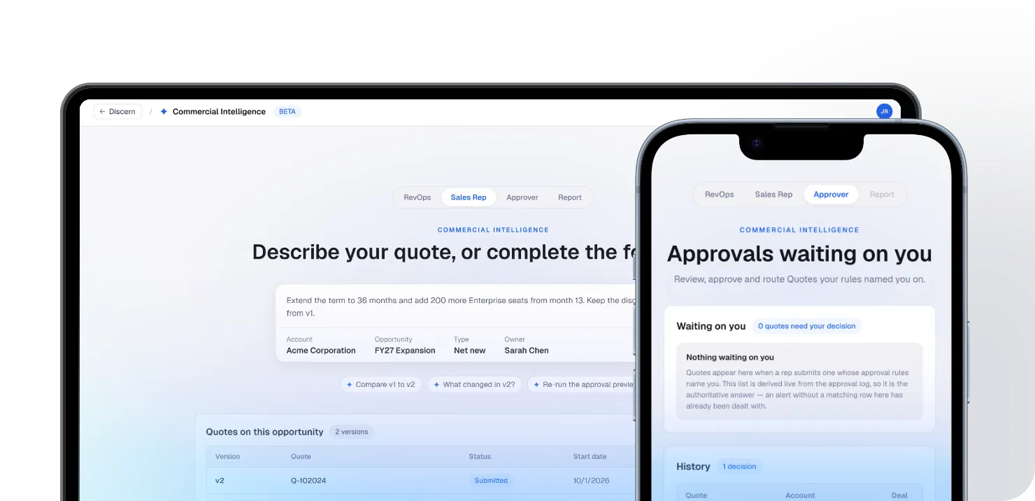 Discern Commercial Intelligence on a laptop and a phone: the quote builder and approvals